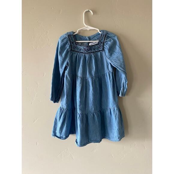 Old Navy 4t Girls Tiered Chambray Denim Dress  With Embroidered Neckline - Picture 1 of 2
